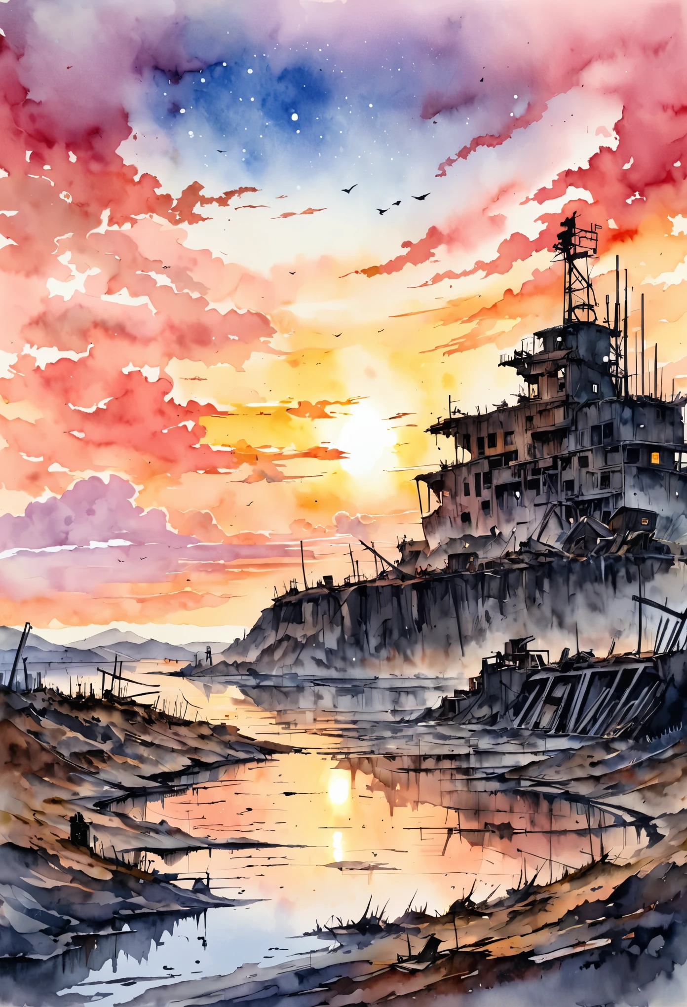 post-apocalyptic sunset at the end of the world of the new dawn aquarelle drawing