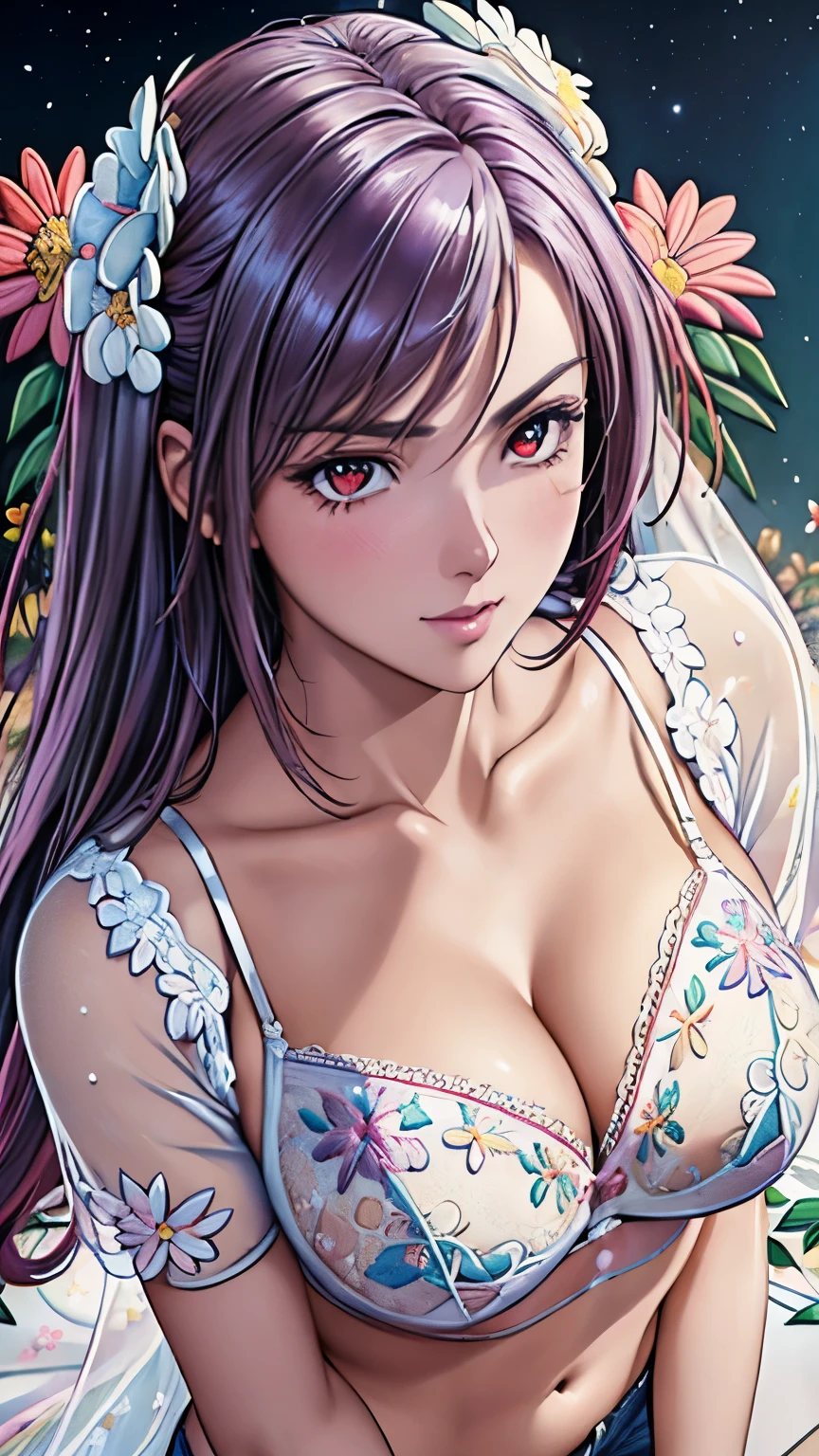 red eyes, (highest quality, masterpiece painting:1.3), immature woman, , (half body shot), masterpiece, ultra high resolution, (Photoreal:1.0), light purple hair,straight hair, beautiful shining hair, white and shining skin, ((Ultra realistic details)), octane rendering, highly detailed face, (big breasts:0.8), (make a heart with hands),（(White bra,White pantieeautiful detail shorts with colorful floral embroidery and luxurious embroidery +:1.5)),Salute,(Flower motif lingerie),(Gorgeous:1.2),(Lace,Detailed:1.3),(See-through:1.6), White cherry blossom embroidery pattern, silver earrings,（milky way galaxy), Hair flutters under the influence of the wind, Japanese garden with beautiful cherry blossoms at night, Mysterious night sky, Beautiful Landscapes, sharp focus, intricate details, professional artwork, (bright colors:1.1), bright colors, diffused lighting, digital blending, ultra-definition body, ultra detail hair, super detailed face, that&#39;It&#39;s trending on pixiv, top button open, Cute gaze, compensate, perfect lips, perfect compensate, Ultra-precision coating, (light_smile:0.8), (Very embarrassed:1.2), blush your nose,