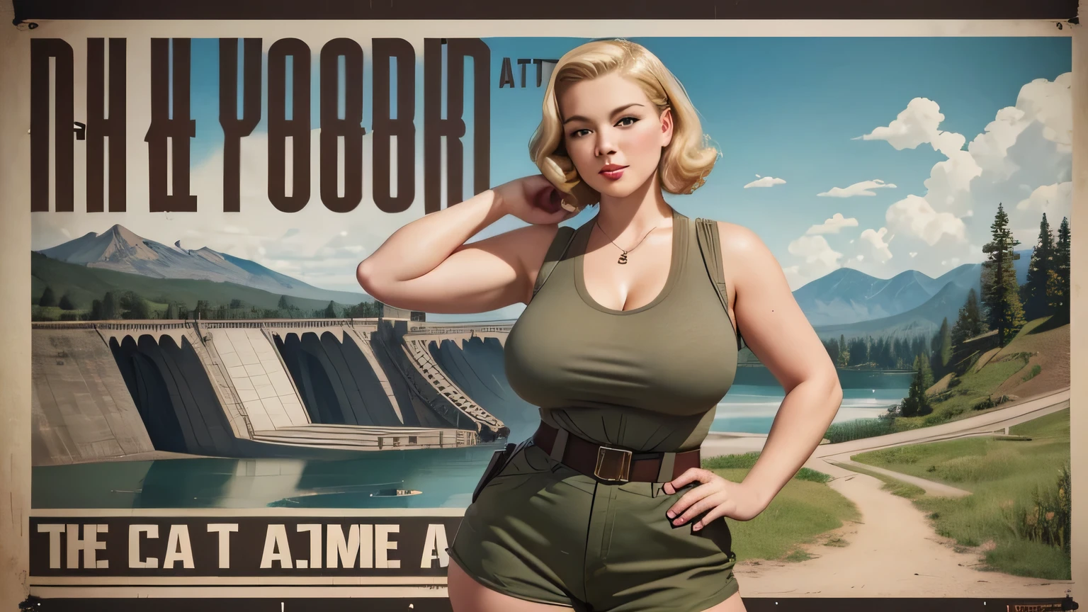 (high quality, best rendering),(gorgeous girl,Ana Nicole Smith lookalike),(bombshell, pin-up style),(missil bikini top),(blue background),(sandy beach),(looking back),dynamic pose,sparkling water, sunset