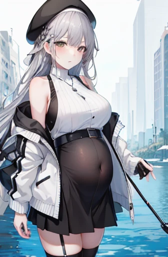 masterpiece, best quality, high resolution, Uh-huh 1, have, Berets, braid, Hairpin, Large Breasts, Black necklace, gray shirt, sleeveless tops, white jacket, Open jacket, Long sleeve, Black skirt, fishing net, Thigh straps, Knee high socks, permanent, Cowboy shooting,Pregnant