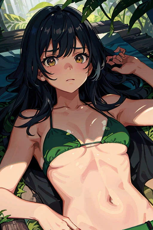 Picture a tan-skinned anime girl, lying down in the jungle with an upset stomach. Sweat trickles down her face as she clutches her stomach, her expression conveying discomfort. Her bikini top, ripped from the strains of her heaves, and cargo pants contrast against the lush, green environment surrounding her. The jungle observation comes to life in ultra-high definition, bursting with vivid colors and intricate details. The sunlight filters through the canopy, casting a warm glow on the girl's face and body. The atmosphere is atmospheric, with dynamic light and shadow creating depth and texture. The girl's skin glistens with sweat and the fabric of her cargo