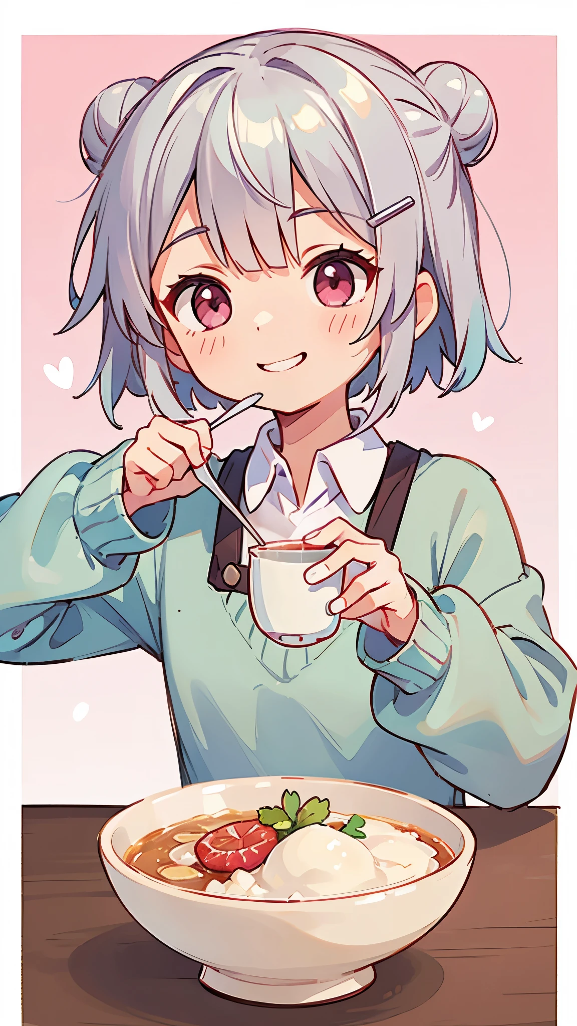 (highest quality,High resolution,Very detailed),eat porridge, Short silver bob hair tied in a bun with a hair clip, Pink Eyes、spoon, Grin、Background blur, Depth of written border