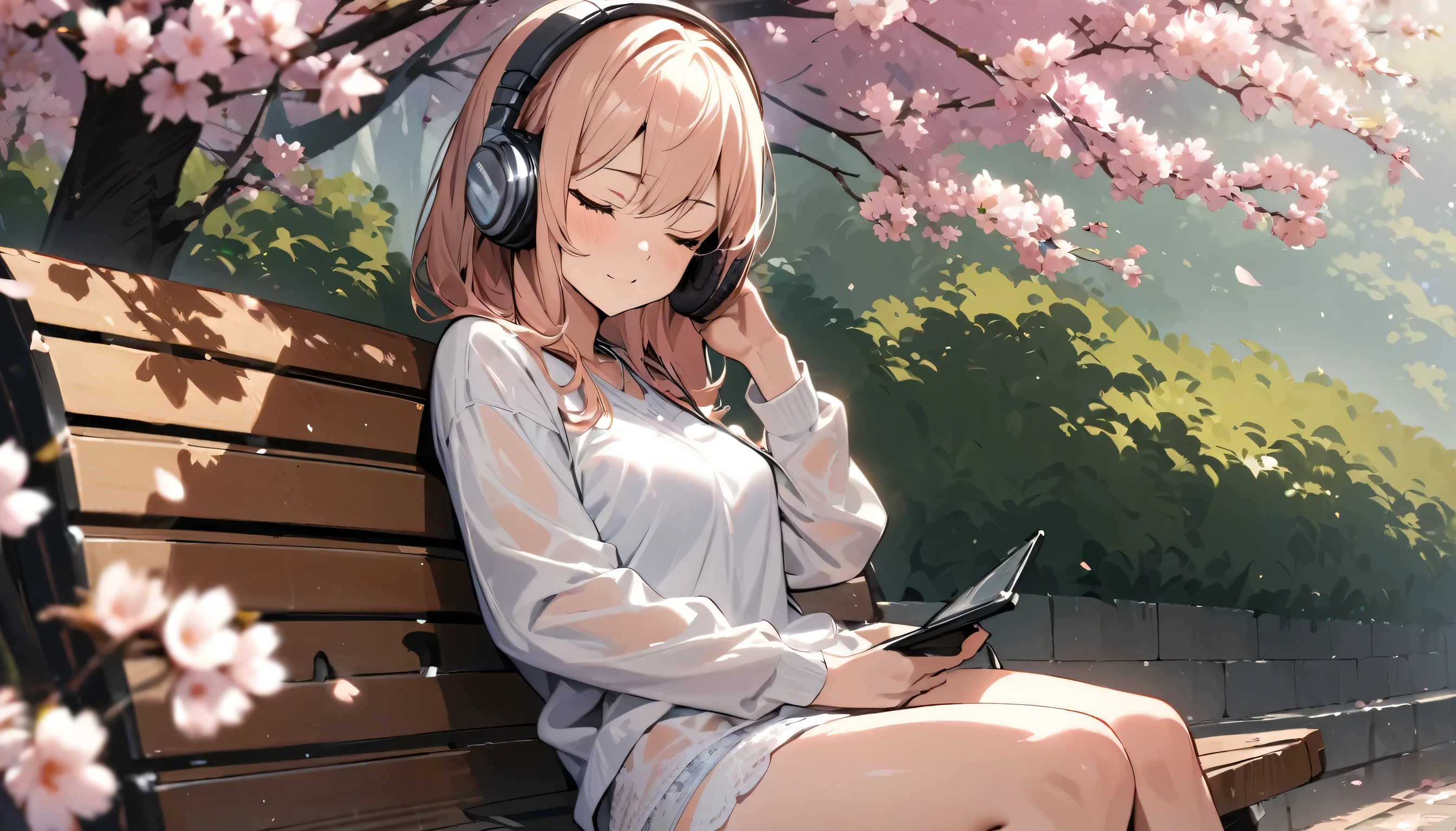 ((best quality)), ((masterpiece)), (detailed), perfect face, sitting under the cherry blossom tree, listening to music, One woman, wearing headphones, eyes closed, wearing underwear, underwear is transparent, sitting on a bench