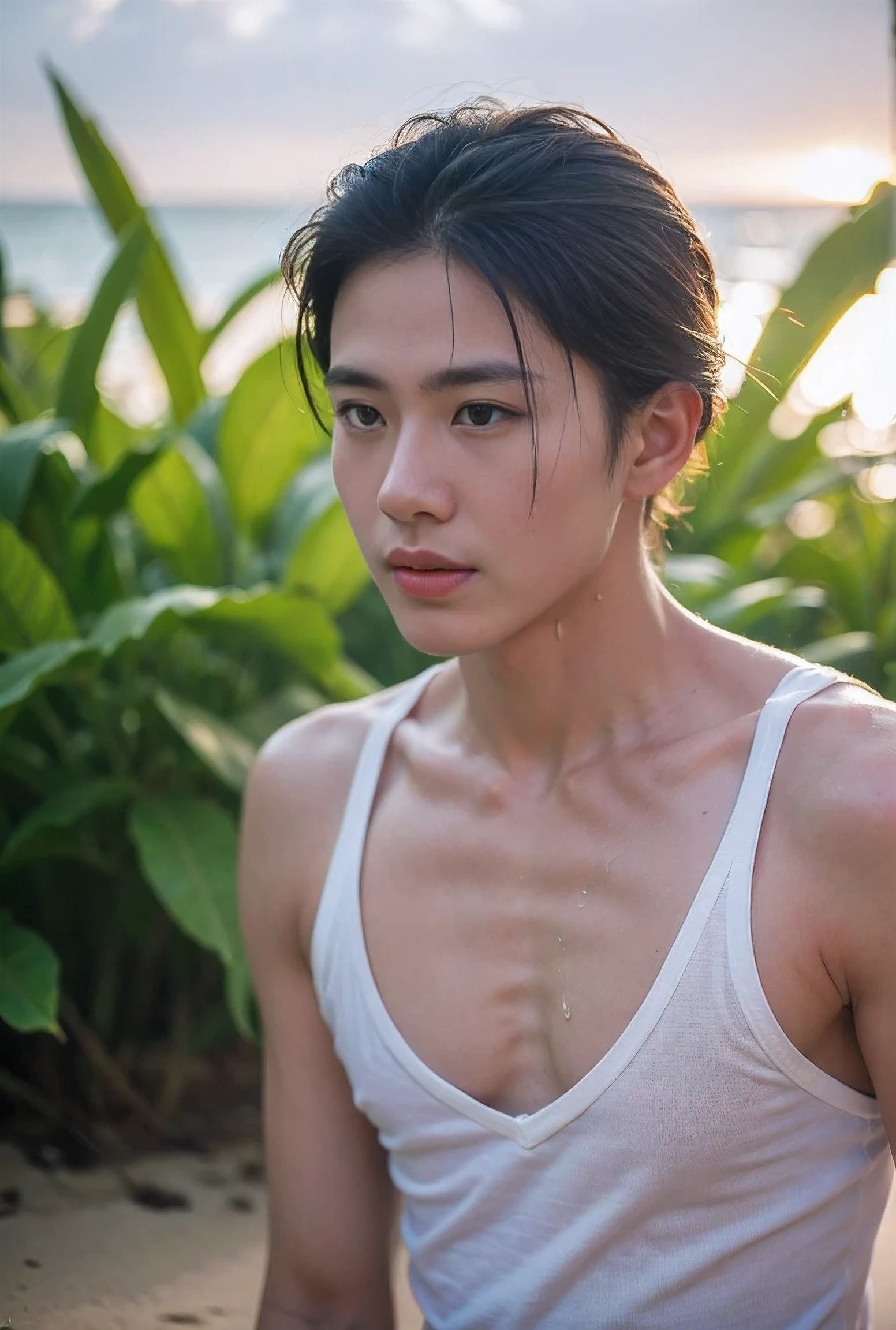 Real, raw, photo, Realistic photography ,handsome thai men , sunlight, beach,wet