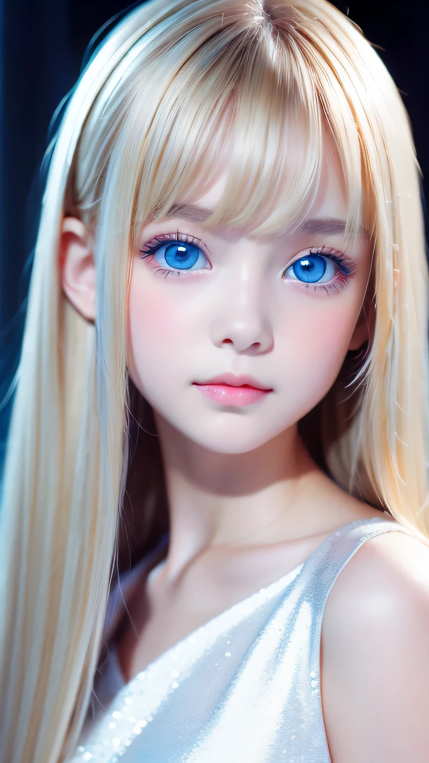 One beautiful girl、Portrait、、blue sky、bright and beautiful face、young, Very white shiny skin、The best beauty、Super long blonde hair with dazzling light reflections、Beautiful natural platinum blonde super long silky straight hair、long bangs between the eyes,、Extraordinarily beautiful 15-year-old、Large, shining, clear, light blue eyes、Very big eyes、Small Face Girl、round face、Cheek gloss highlight