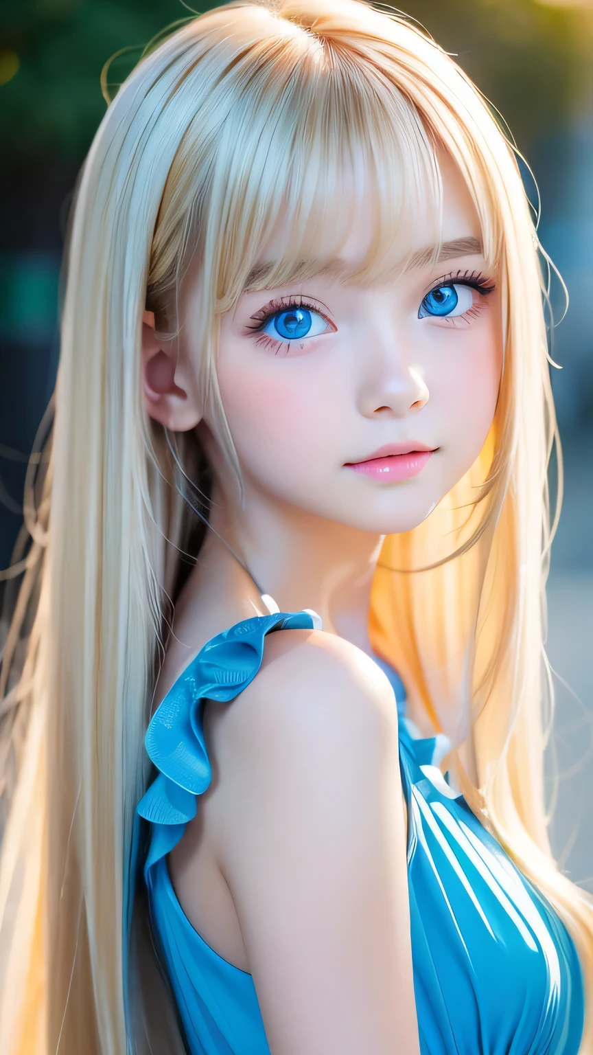 One beautiful girl、Portrait、、blue sky、bright and beautiful face、young, Very white shiny skin、The best beauty、Super long blonde hair with dazzling light reflections、Beautiful natural platinum blonde super long silky straight hair、long bangs between the eyes,、Extraordinarily beautiful 15-year-old、Large, shining, clear, light blue eyes、Very big eyes、Small Face Girl、round face、Cheek gloss highlight