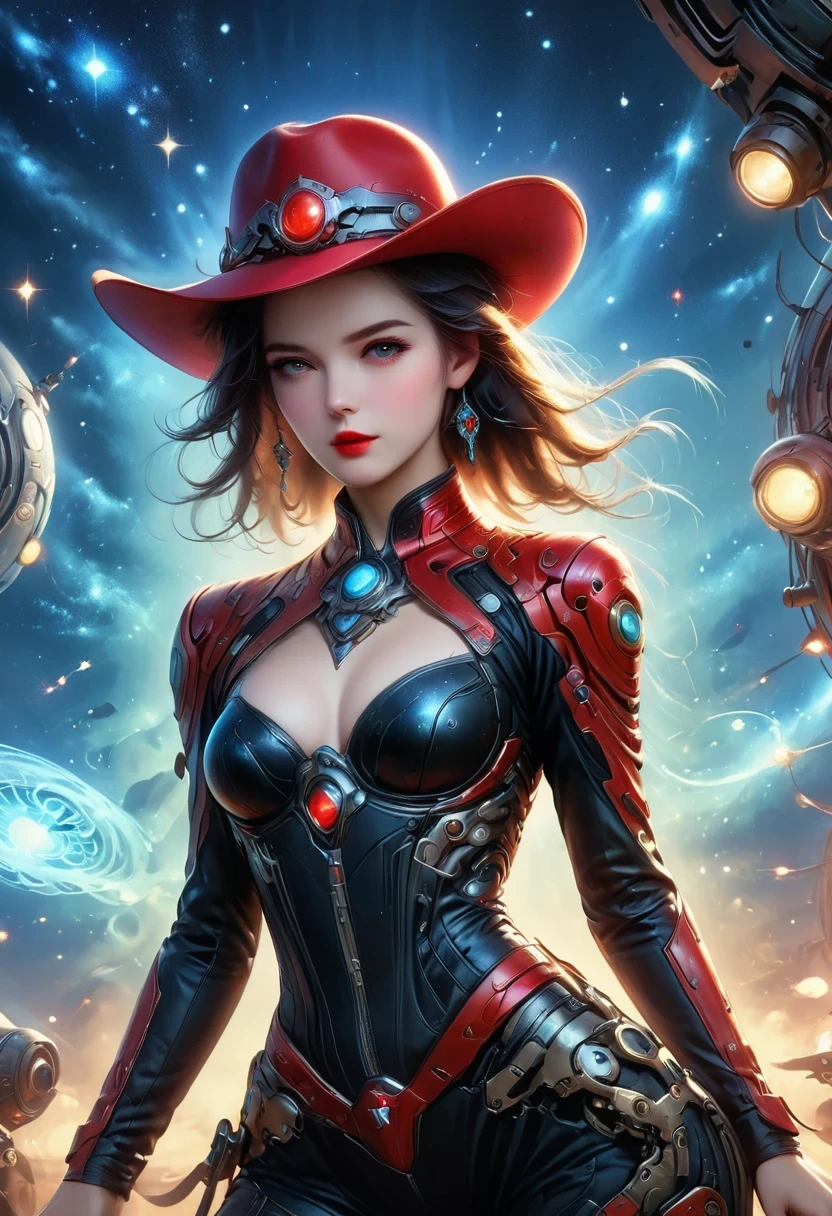 masterpiece, pale skin, red lips, light eyes, Eyeshadow, Front view of a beautiful woman wearing a stylish cowboy hat，Cyberpunk cowboy in interstellar tavern，Futuristic starry sky background，Alien Technology，Mechanical Cowboy，Wearing a red and black mechanical suit, Mafia style mechanical suit,Wearing a stylish cowboy hat，Jeans and high heels, Very detailed body, Alien Technology in detail, chiaroscuro, Natural light, Very detailed, 