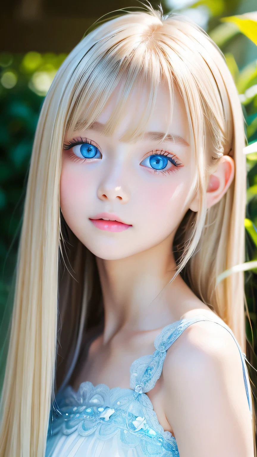 One beautiful girl、Portrait、、blue sky、bright and beautiful face、young, Very white shiny skin、The best beauty、Super long blonde hair with dazzling light reflections、Beautiful natural platinum blonde super long silky straight hair、long bangs between the eyes,、Extraordinarily beautiful **-****-***、Large, shining, clear, light blue eyes、Very big eyes、***** Face Girl、round face、Cheek gloss highlight