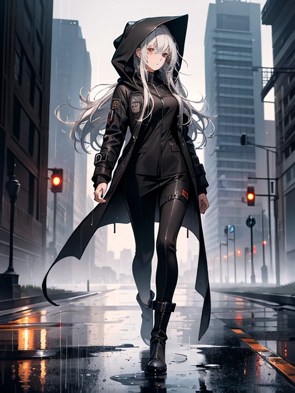 (Confused, High resolution, Very detailed), 1 female, Silver Hair,Long Hair,reddish brown eyes,Black hooded pilot coat,Black and white suit,wearing boots,mid 20's,Beautiful woman,cool face,thin,Are thin,quiet,Calm,In the pouring rain