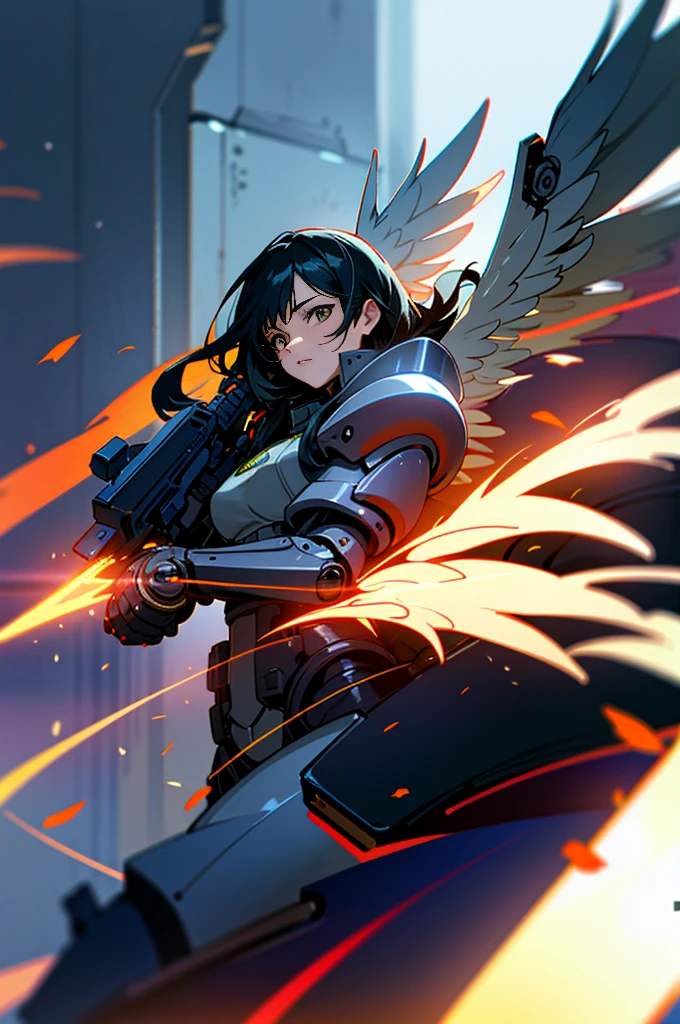 anime,a woman,(has mechanical angel wings),black hair,fire her guns flamboyantly, elite law enforcement unit tasked with maintaining order in cyberpunk City,advanced cybernetic enhancements, heavily armored exoskeletons, high-tech weaponry,operatives are highly trained and equipped to handle the most dangerous situations, she is a formidable presence in the city, holding a gun,black helmet,,night time,beautiful lighting, volumetric lighting, dynamic angle, (photographic portrait), sharp,looking at viewer,