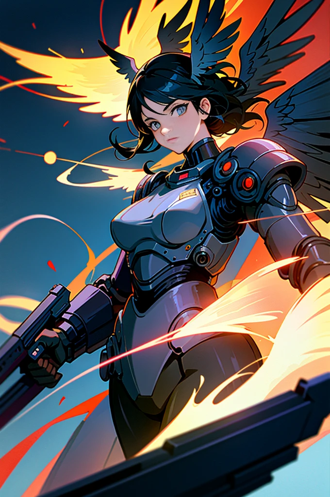 anime,a woman,(has mechanical angel wings),black hair,fire her guns flamboyantly, elite law enforcement unit tasked with maintaining order in cyberpunk City,advanced cybernetic enhancements, heavily armored exoskeletons, high-tech weaponry,operatives are highly trained and equipped to handle the most dangerous situations, she is a formidable presence in the city, holding a gun,black helmet,,night time,beautiful lighting, volumetric lighting, dynamic angle, (photographic portrait), sharp,looking at viewer,