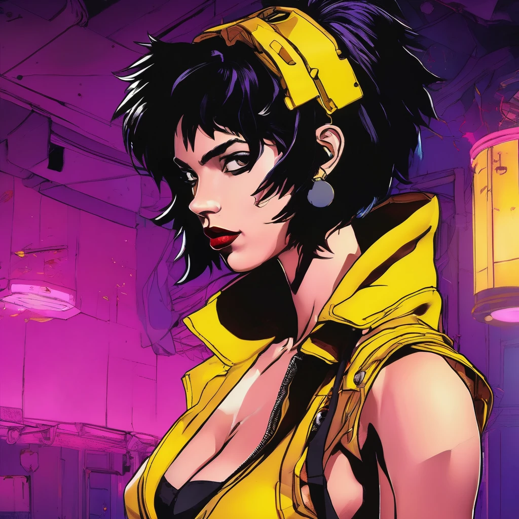 Illustration of Cowboy Bebop's Faye Valentine, designed by Wataru Yoshizumi, captured in a scene with neon ambiance highlighting her grit and determination, her features detailed in ultra HD, vivid colors, and perfect composition, an intricate masterpiece with high quality and super detailed presentation, incorporating abstract black oil textures, detailed acrylic elements, and grunge aesthetics, rendered in Unreal Engine for a photorealistic. High Quality, Masterpiece. best quality, super detail