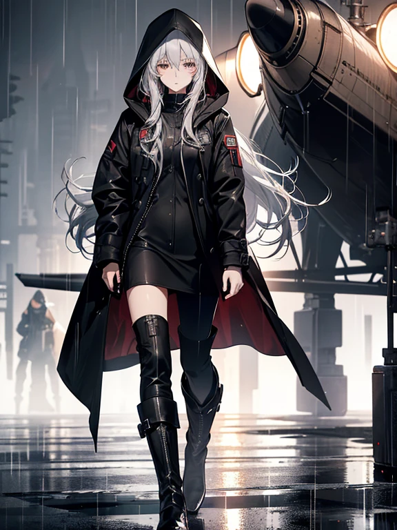 (Confused, High resolution, Very detailed), 1 female, Silver Hair,Long Hair,reddish brown eyes,Black hooded pilot coat,Black and white suit,wearing boots,mid 20's,Beautiful woman,cool face,thin,Are thin,quiet,Calm,In the pouring rain