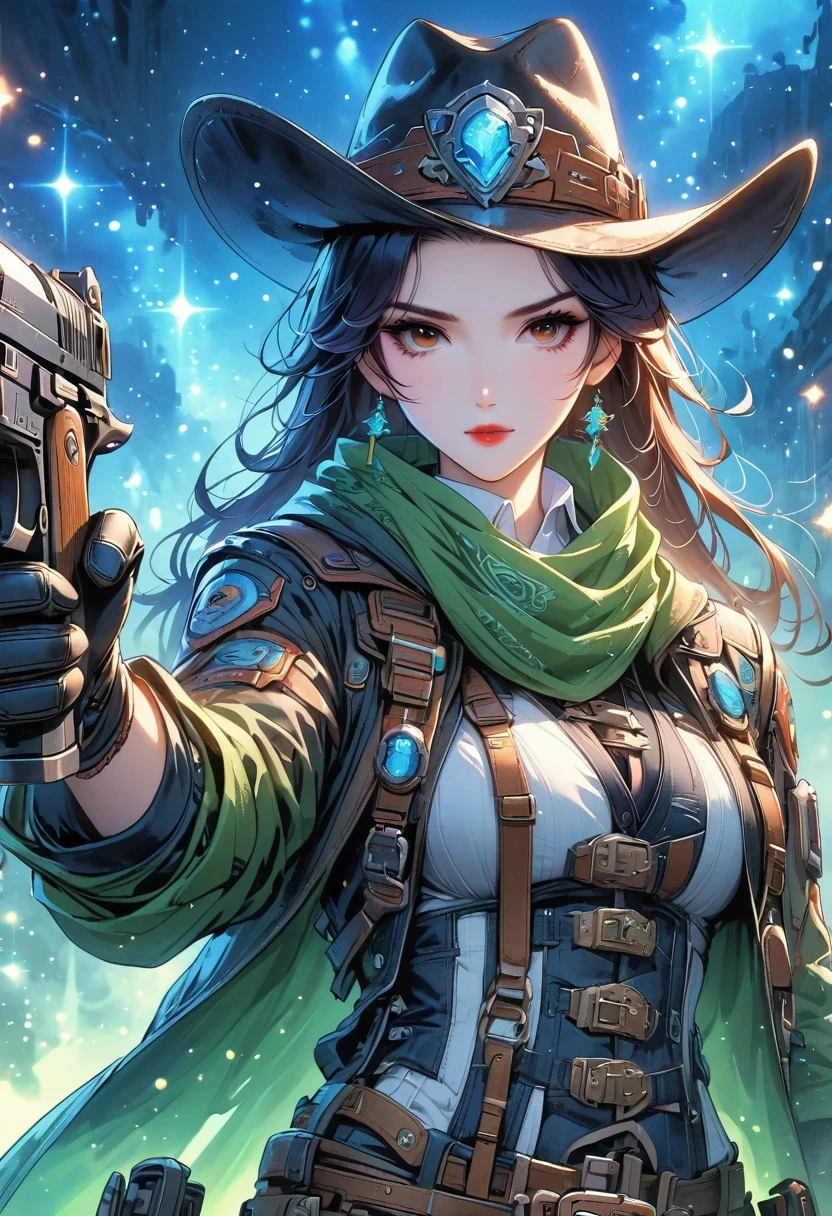 Aliens in cowboy suits in interstellar taverns,Wearing a stylish cowboy hat,Futuristic starry sky background,Alien Technology,Mechanical Cowboy,Mechanical Tavern