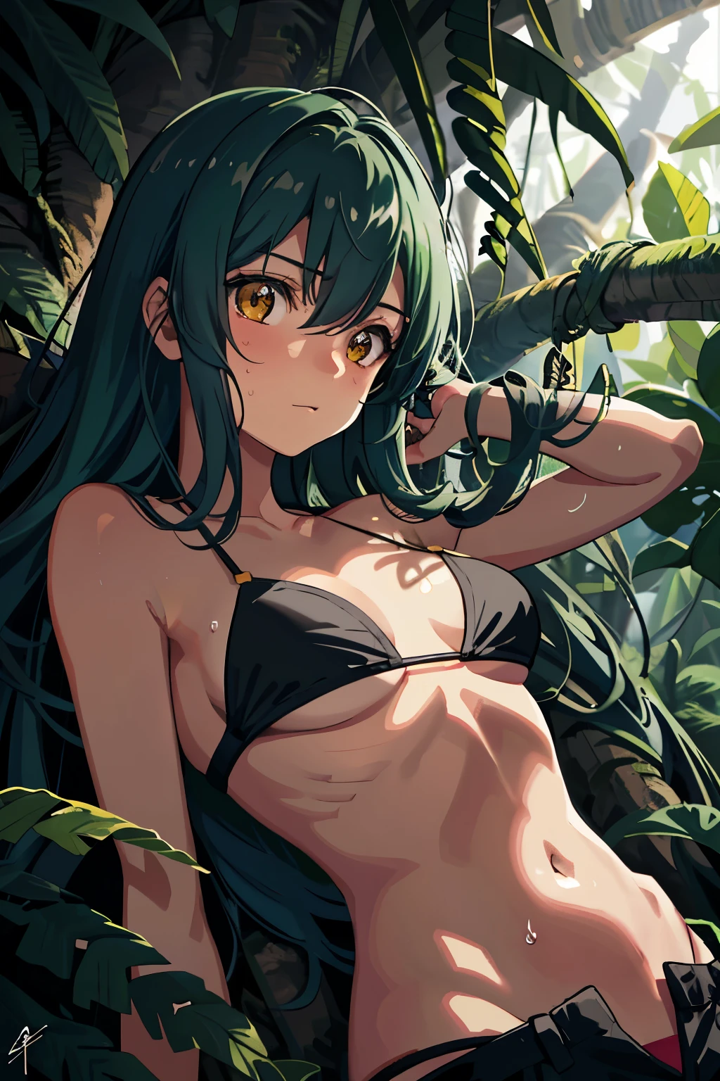 Picture a tan-skinned anime girl, lying down in the jungle with an upset stomach. Sweat trickles down her face as she clutches her stomach, her expression conveying discomfort. Her bikini top, ripped from the strains of her heaves, and cargo pants contrast against the lush, green environment surrounding her. The jungle observation comes to life in ultra-high definition, bursting with vivid colors and intricate details. The sunlight filters through the canopy, casting a warm glow on the girl's face and body. The atmosphere is atmospheric, with dynamic light and shadow creating depth and texture. The girl's skin glistens with sweat and the fabric of her cargo