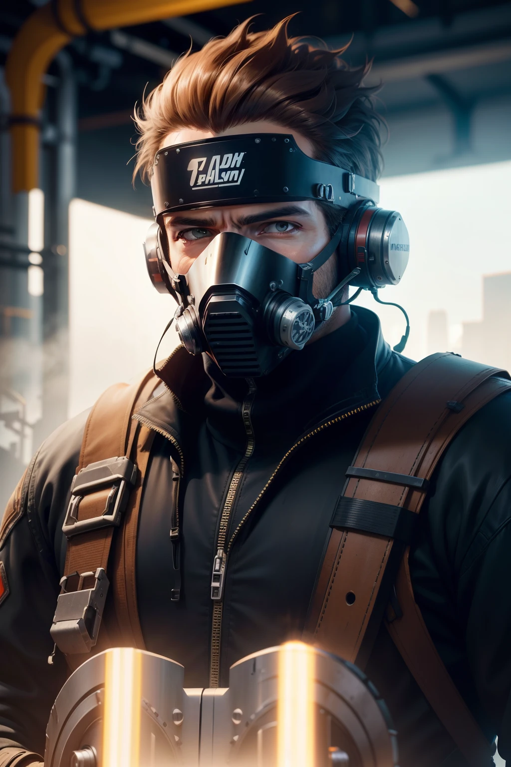 A man wearing a welding mask gazes intently into the camera, capturing half of his sturdy, industrial figure. The left side of the image is generously expanses, allowing ample space for the intricately designed, futuristic machinery that forms the background. The scene radiates a clean and modern aesthetic, where innovative technology meets precision and hard work.