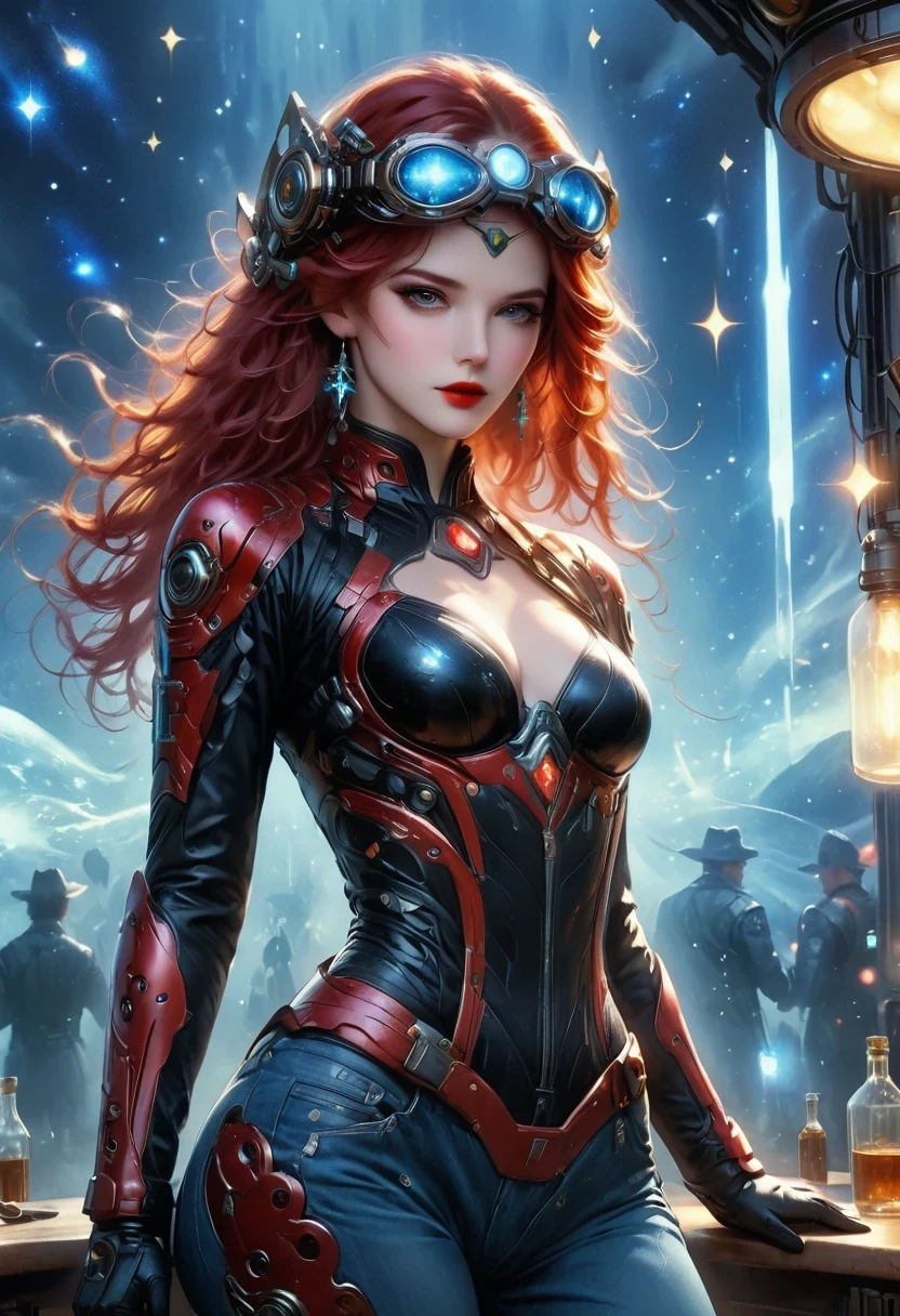 masterpiece, pale skin, red lips, light eyes, Eyeshadow, Frontal photo of a red-haired beauty with medium curly hair standing in the Star Tavern，Cyberpunk cowboy in interstellar tavern，Futuristic starry sky background，Alien Technology，Mechanical Cowboy，Wearing a red and black mechanical suit, Mafia style mechanical suit,Wearing a stylish cowboy hat，Jeans and high heels, Very detailed body, Alien Technology in detail, chiaroscuro, Natural light, Very detailed,