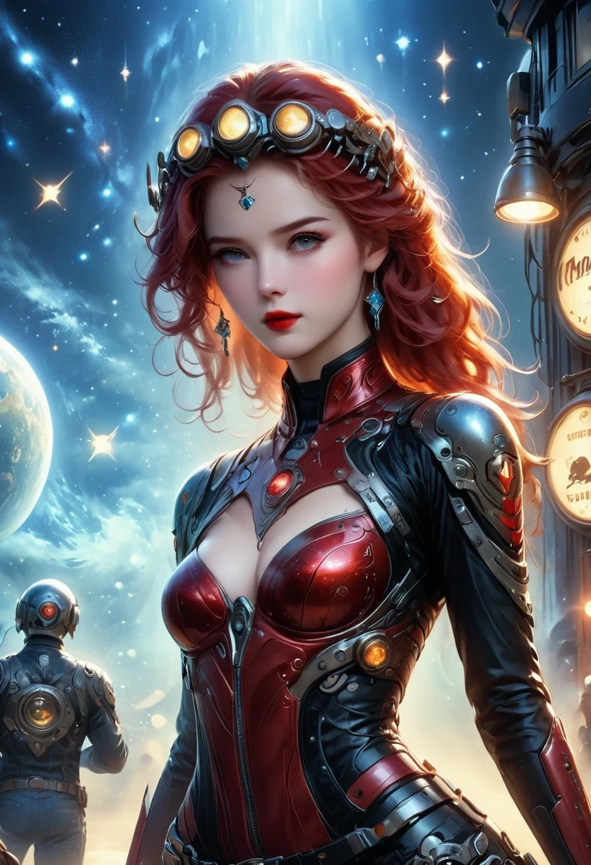 masterpiece, pale skin, red lips, light eyes, Eyeshadow, Frontal photo of a red-haired beauty with medium curly hair standing in the Star Tavern,Cyberpunk cowboy in interstellar tavern,Futuristic starry sky background,Alien Technology,Mechanical Cowboy,Wearing a red and black mechanical suit, Mafia style mechanical suit,Wearing a stylish cowboy hat,Jeans and high heels, Very detailed body, Alien Technology in detail, chiaroscuro, Natural light, Very detailed,