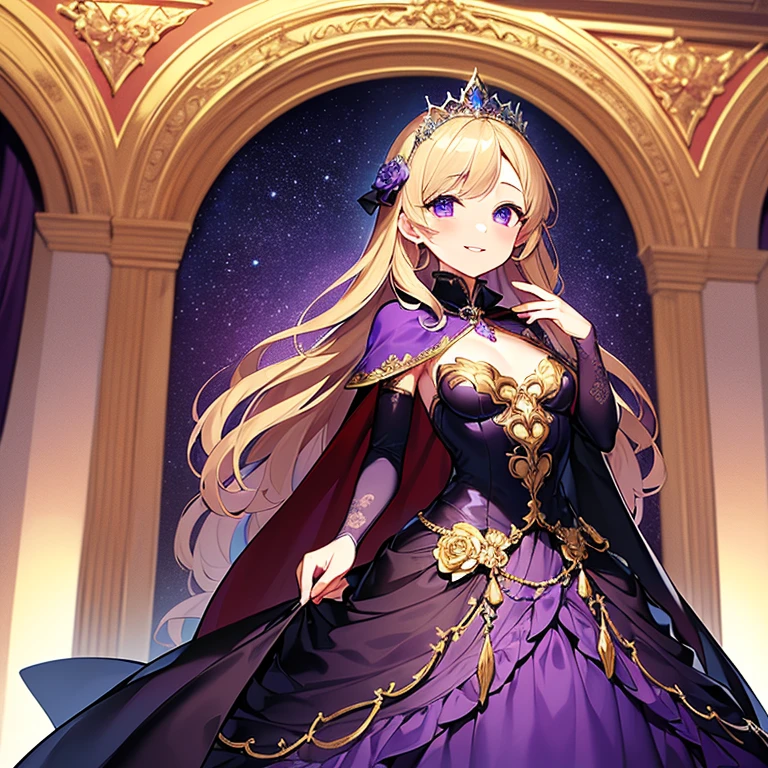 (best quality),(ultra detailed),(rococo style),(long train dark purple cape:1.15),(long train dark purple ball gown with flower decorations:1.1), a girl is wearing a cape over her gown, 1 princess, tiara, smile, very long hair, small breasts, beautiful detailed eyes, beautiful detailed lips