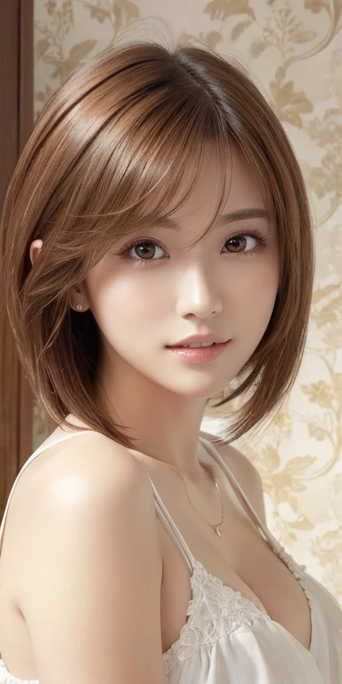masterpiece、highest quality、High resolution、Tabletop、wallpaper、Realistic、Bright lighting、Professional Lighting、Face Light、Smooth lighting、Japanese women、Adult、Beautiful woman、action、gravure、sexy、poor、Super beautiful、Beautiful Skin、Beautiful and detailed、Detailed face、slim、moderately、short hair、Brunette colored hair、Brown eyes、Look at the camera、I have a sax