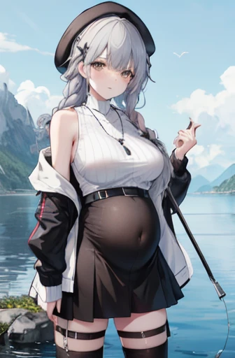 masterpiece, best quality, high resolution, Uh-huh 1, have, Berets, braid, Hairpin, Large Breasts, Black necklace, gray shirt, sleeveless tops, white jacket, Open jacket, Long sleeve, Black skirt, fishing net, Thigh straps, Knee high socks, permanent, Cowboy shooting,Pregnant，soaking wet