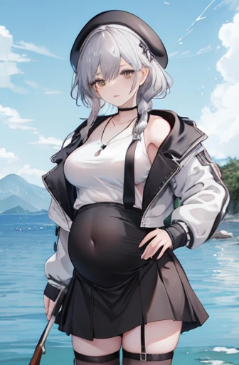 masterpiece, best quality, high resolution, Uh-huh 1, have, Berets, braid, Hairpin, Large Breasts, Black necklace, gray shirt, sleeveless tops, white jacket, Open jacket, Long sleeve, Black skirt, fishing net, Thigh straps, Knee high socks, permanent, Cowboy shooting,Pregnant