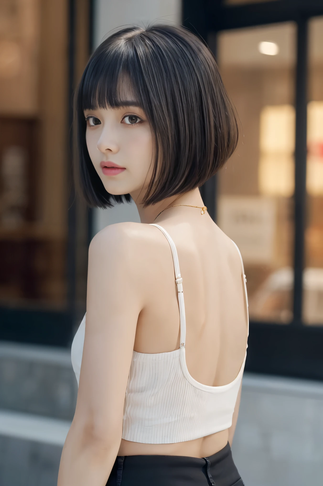 ,(((masterpiece, highest quality, Very detailed))), 1 female, (((very thin body))) , (((length, Thin legs))), (((black short hair,Blunt bangs):1.2)), (((Very detailedな顔))), No cosmetics, small, Thin Nose, small thin mouth, (((Very sharp focused eyes))), Japanese, Beautiful Face, (A vivid face), Beautiful Hairstyles, Realistic eyes, Beautiful and beautiful eyes, Beautiful body,(real skin), Beautiful Skin, charm, Ultra-high resolution, Surreal, Attention to detail, Golden Ratio, Elevation,(Detail Makeup:1.2), Tank top,wearing hot pants,Downtown at night，From the back，