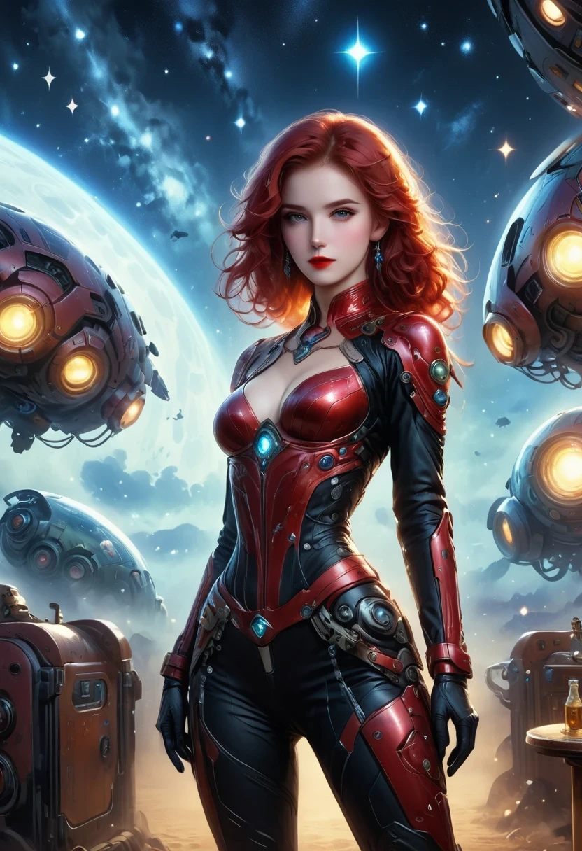 masterpiece, pale skin, red lips, light eyes, Eyeshadow, Frontal photo of a red-haired beauty with medium curly hair standing in the Star Tavern，Cyberpunk cowboy in interstellar tavern，Futuristic starry sky background，Alien Technology，Mechanical Cowboy，Wearing a red and black mechanical suit, Mafia style mechanical suit,Wearing a stylish cowboy hat，Jeans and high heels, Very detailed body, Alien Technology in detail, chiaroscuro, Natural light, Very detailed,