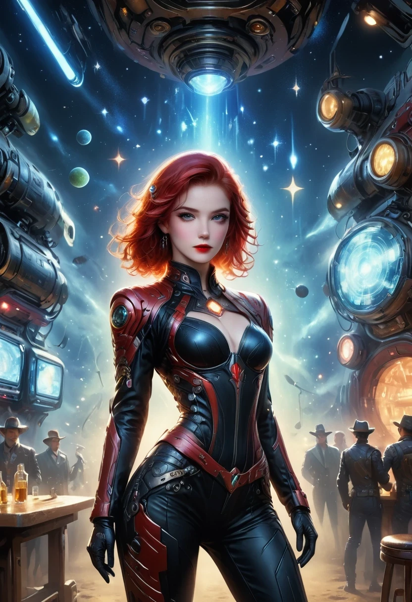 masterpiece, pale skin, red lips, light eyes, Eyeshadow, Frontal photo of a red-haired beauty with medium curly hair standing in the Star Tavern,Cyberpunk cowboy in interstellar tavern,Futuristic starry sky background,Alien Technology,Mechanical Cowboy,Wearing a red and black mechanical suit, Mafia style mechanical suit, 她 is also wearing a hat, Jeans and high heels, Very detailed body, Alien Technology in detail, chiaroscuro, Natural light, Very detailed, 她 and the car focus on images