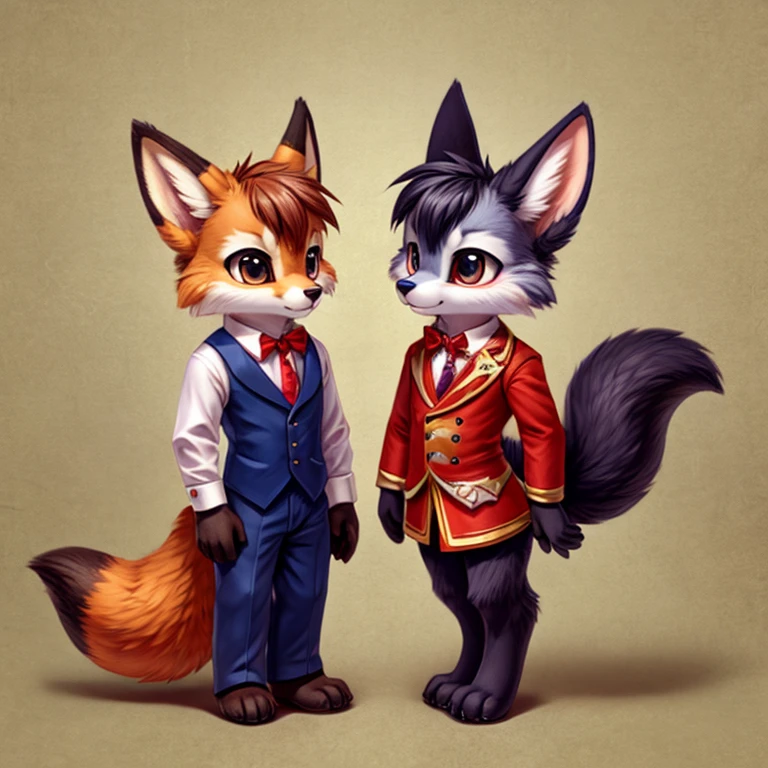 a cartoon picture of two foxes dressed in formal clothing and holding a bottle, commission on furaffinity, fursona furry art commission, furaffinity commission, fursona commission, furries wearing tails, furry art!!!, fursona art, very very beautiful furry art, art of silverfox, fullbody commission for, furry convention, (sfw) safe for work