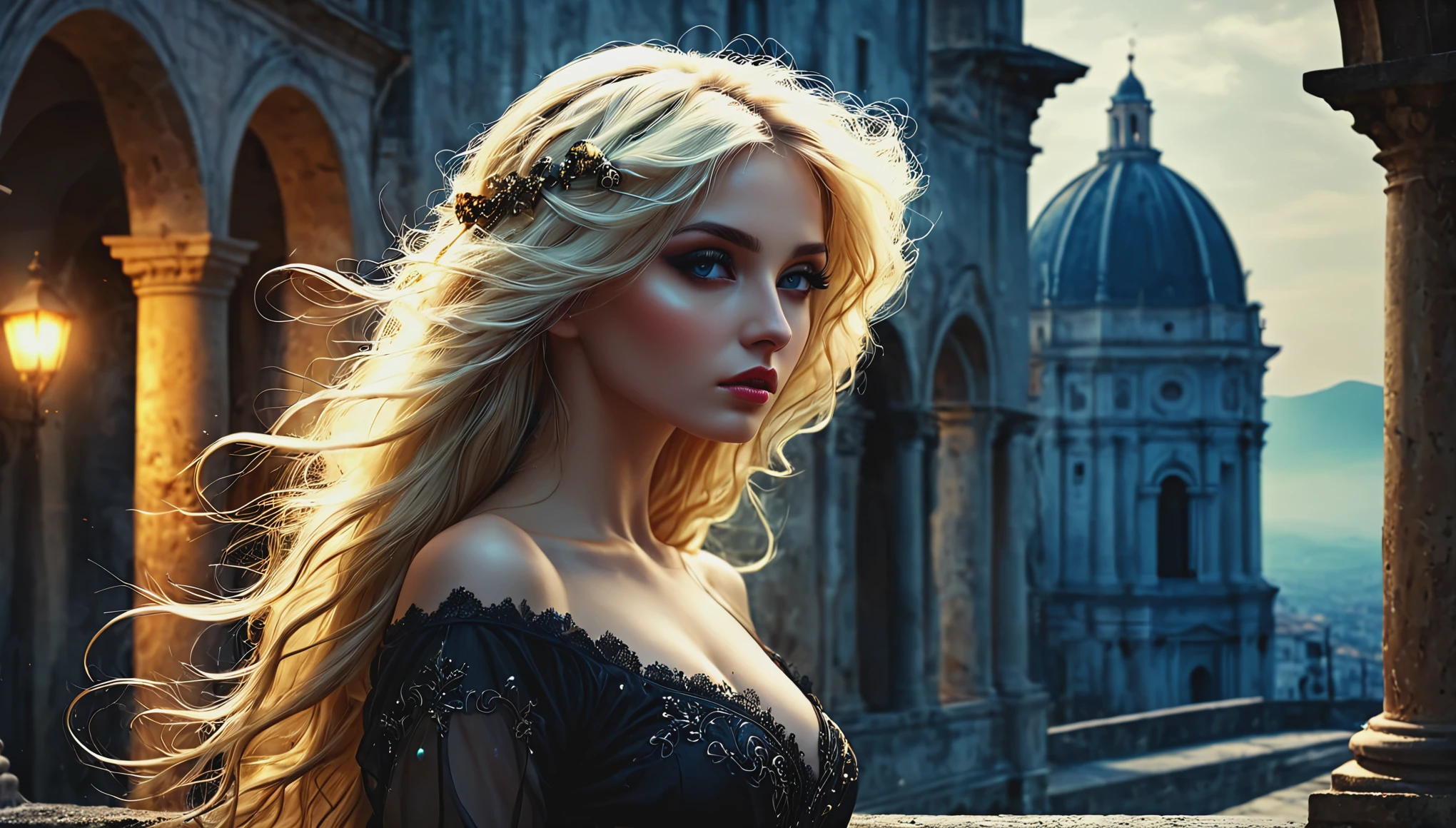 Blonde in Italy in dark fantasy style