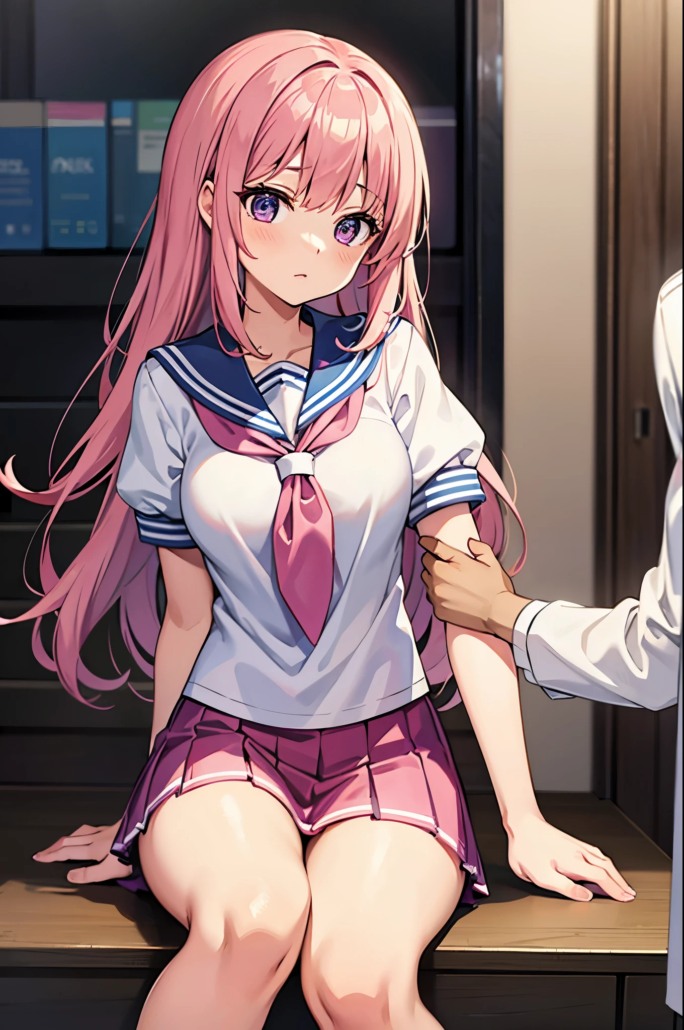 A pink-haired high school girl in a sailor uniform receives a vaccination、A man grabs your arm、Take the syringe and stick it into your upper arm.。.