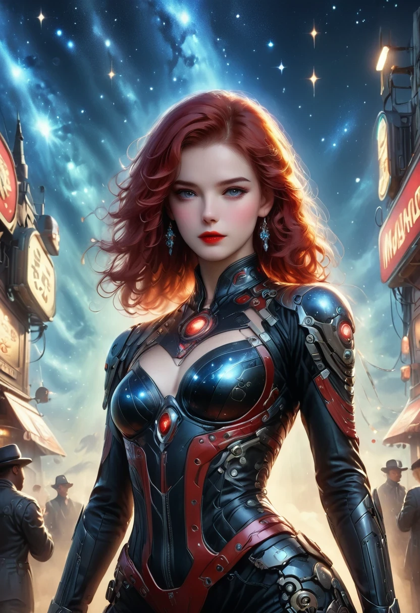 masterpiece, pale skin, red lips, light eyes, Eyeshadow, Frontal photo of a red-haired beauty with medium curly hair standing in the Star Tavern,Cyberpunk cowboy in interstellar tavern,Futuristic starry sky background,Alien Technology,Mechanical Cowboy,Wearing a red and black mechanical suit, Mafia style mechanical suit,Wearing a stylish cowboy hat,Jeans and high heels, Very detailed body, Alien Technology in detail, chiaroscuro, Natural light, Very detailed,
