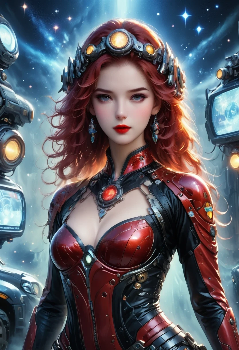 masterpiece, pale skin, red lips, light eyes, Eyeshadow, Frontal photo of a red-haired beauty with medium curly hair standing in the Star Tavern，Cyberpunk cowboy in interstellar tavern，Futuristic starry sky background，Alien Technology，Mechanical Cowboy，Wearing a red and black mechanical suit, Mafia style mechanical suit, 她 is also wearing a hat, Jeans and high heels, Very detailed body, Alien Technology in detail, chiaroscuro, Natural light, Very detailed, 她 and the car focus on images