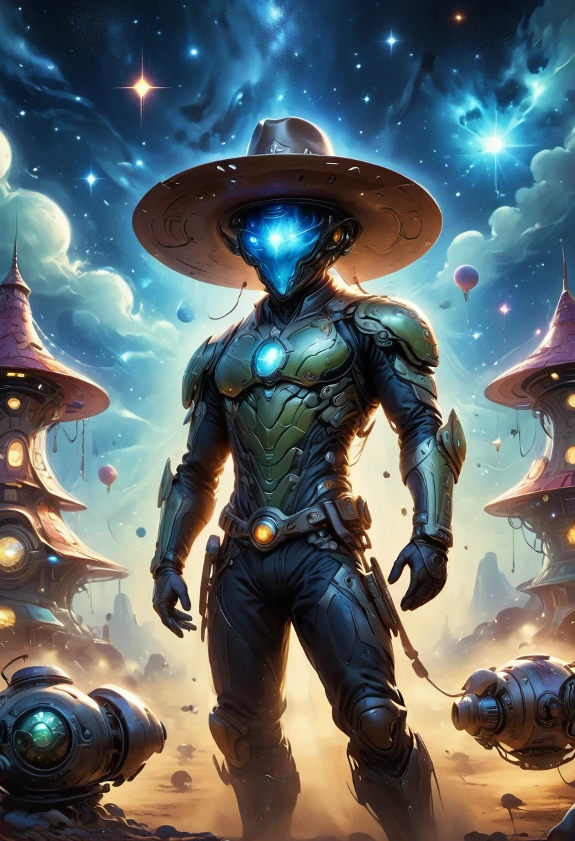 Aliens in cowboy suits in interstellar taverns，Wearing a stylish cowboy hat，Futuristic starry sky background，Alien Technology，Mechanical Cowboy，Mechanical Tavern