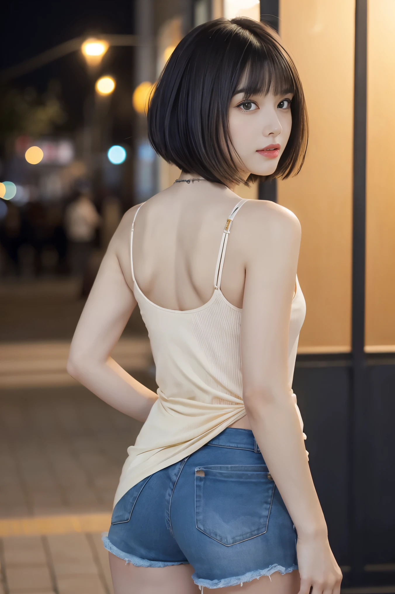 ,(((masterpiece, highest quality, Very detailed))), 1 female, (((very thin body))) , (((length, Thin legs))), (((black short hair,Blunt bangs):1.2)), (((Very detailedな顔))), No cosmetics, small, Thin Nose, small thin mouth, (((Very sharp focused eyes))), Japanese, Beautiful Face, (A vivid face), Beautiful Hairstyles, Realistic eyes, Beautiful and beautiful eyes, Beautiful body,(real skin), Beautiful Skin, charm, Ultra-high resolution, Surreal, Attention to detail, Golden Ratio, Elevation,(Detail Makeup:1.2), Tank top,wearing hot pants,Downtown at night，From the back，Leg spread，