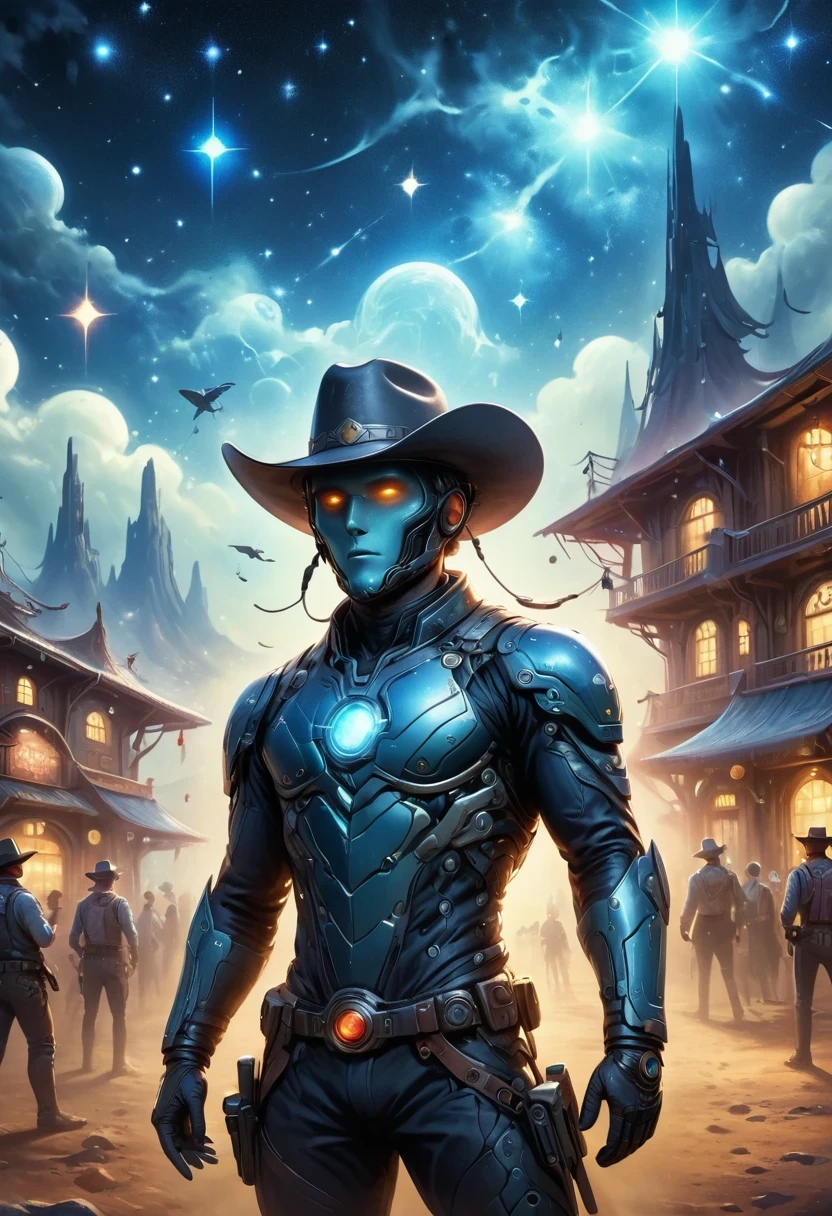 Aliens in cowboy suits in interstellar taverns,Wearing a stylish cowboy hat,Futuristic starry sky background,Alien Technology,Mechanical Cowboy,Mechanical Tavern