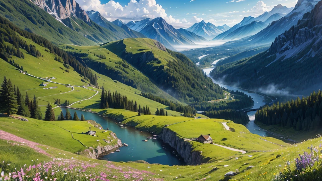 amazing, masterpiece, detailed, super detailed, clear, breathtaking, work of art, realistic, realistic, cozy, highest quality , 8K, sharp, HDR, UHD , art photography art, cinema style, best quality, mountain range, a mountain cabin, meadow, waterfall flowing down from the top of the mountain, river, morning mist, dawn light, small budding flowers blooming, sheep grazing, gentle breeze