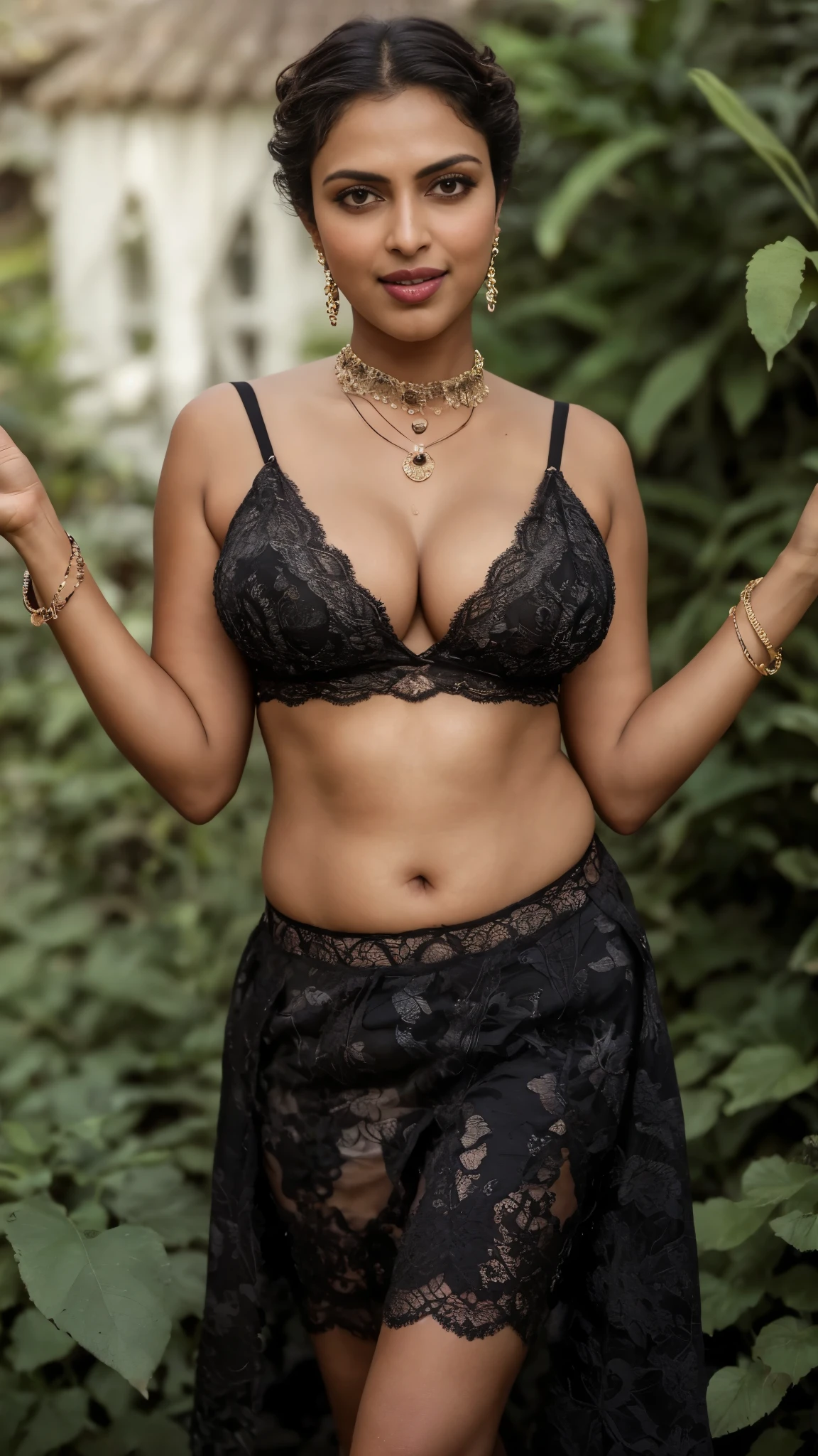 from bottom view, extreme close up photo of Amala Paul, big cheeks, swooping breasts, deep cleavage, open arms, sexy armpits, standing with wide open spread legs on garden, black lace bra, skirt, necklace, (cinematic:1.3), intricate details, (ArtStation:1.2)