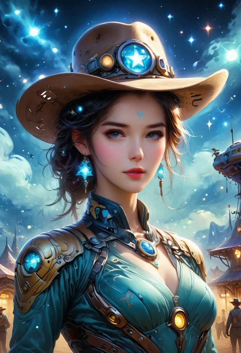 Aliens in cowboy suits in interstellar taverns,Wearing a stylish cowboy hat,Futuristic starry sky background,Alien Technology,Mechanical Cowboy,Mechanical Tavern