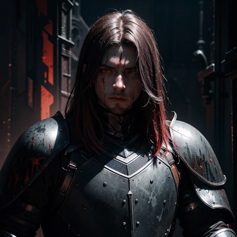 ((blood-soaked black armor)), ((detailed armored outfit)), ((dramatic scene)), ((moody atmosphere:1.3)), ((dark:1.5)),
The figure of a man wearing a completely blood-soaked black armor stands before us. The intricate details of the armor are evident even in its current state, each line and edge sharp against the red backdrop. The scene exudes a moody and dramatic atmosphere, the darkness surrounding the figure adding to the ominous feel. With a piercing gaze, the man looks directly at the camera, a sense of intensity radiating from his dynamic pose. The use of high-quality techniques, such as HDR, ray tracing,
