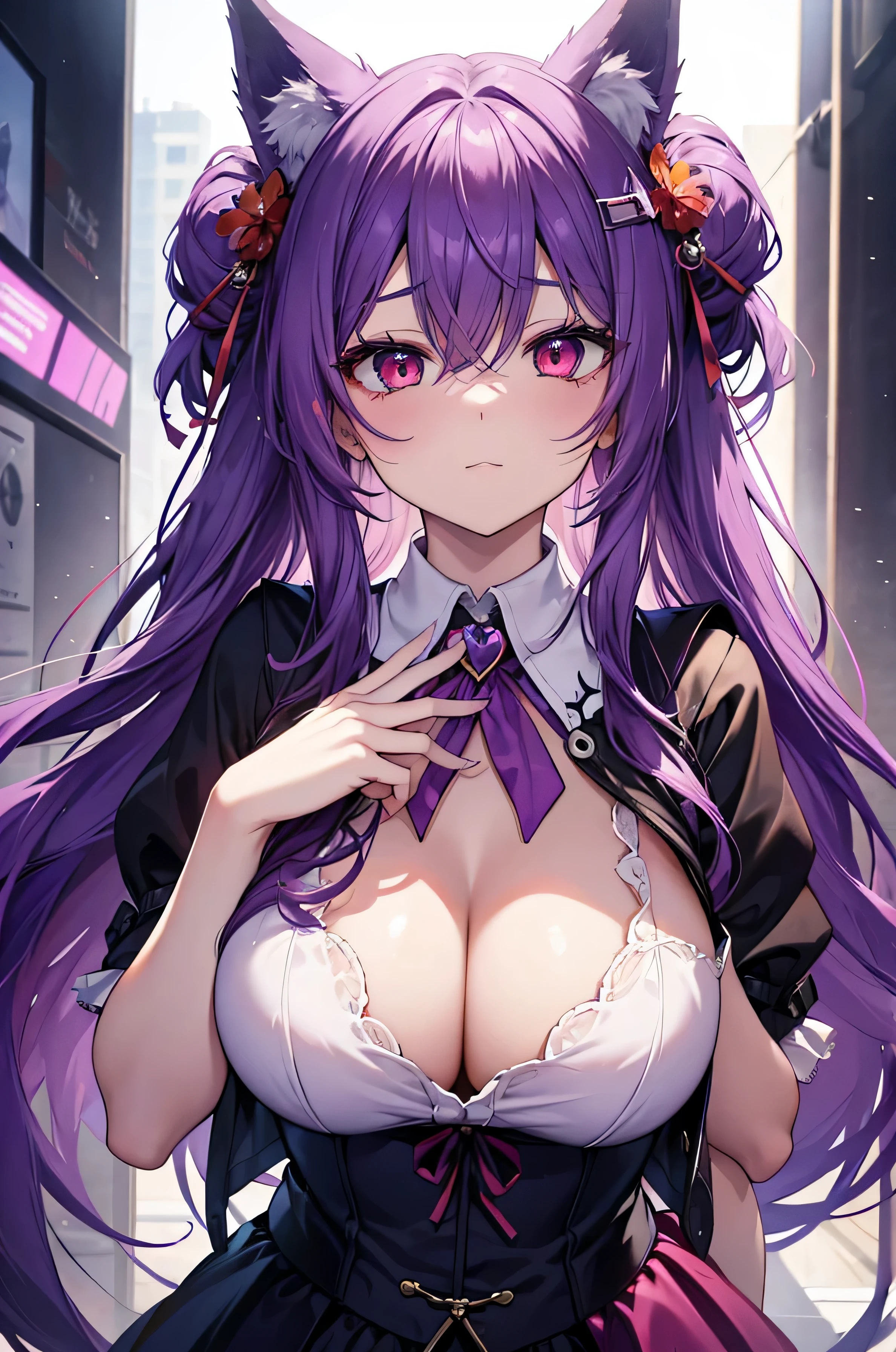 Fox Girl, Big Breasts, Voluminous purple hair, masterpiece , Red eyes, hd, from head to chest, buried in my chest、Underbust, Ahegao、Double Peace