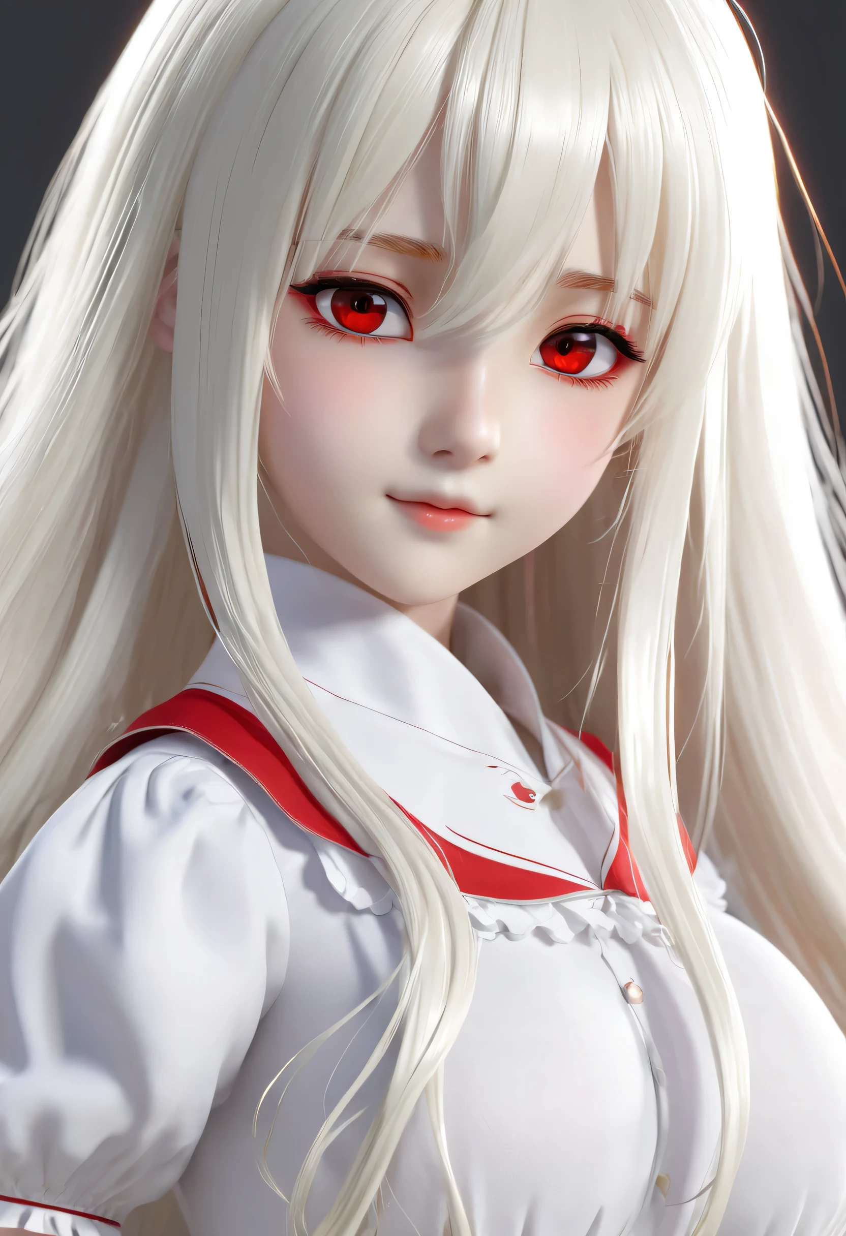 10 year old girl,Milky white long hair,Red Eyes,Very large breasts,((3D anime style)),