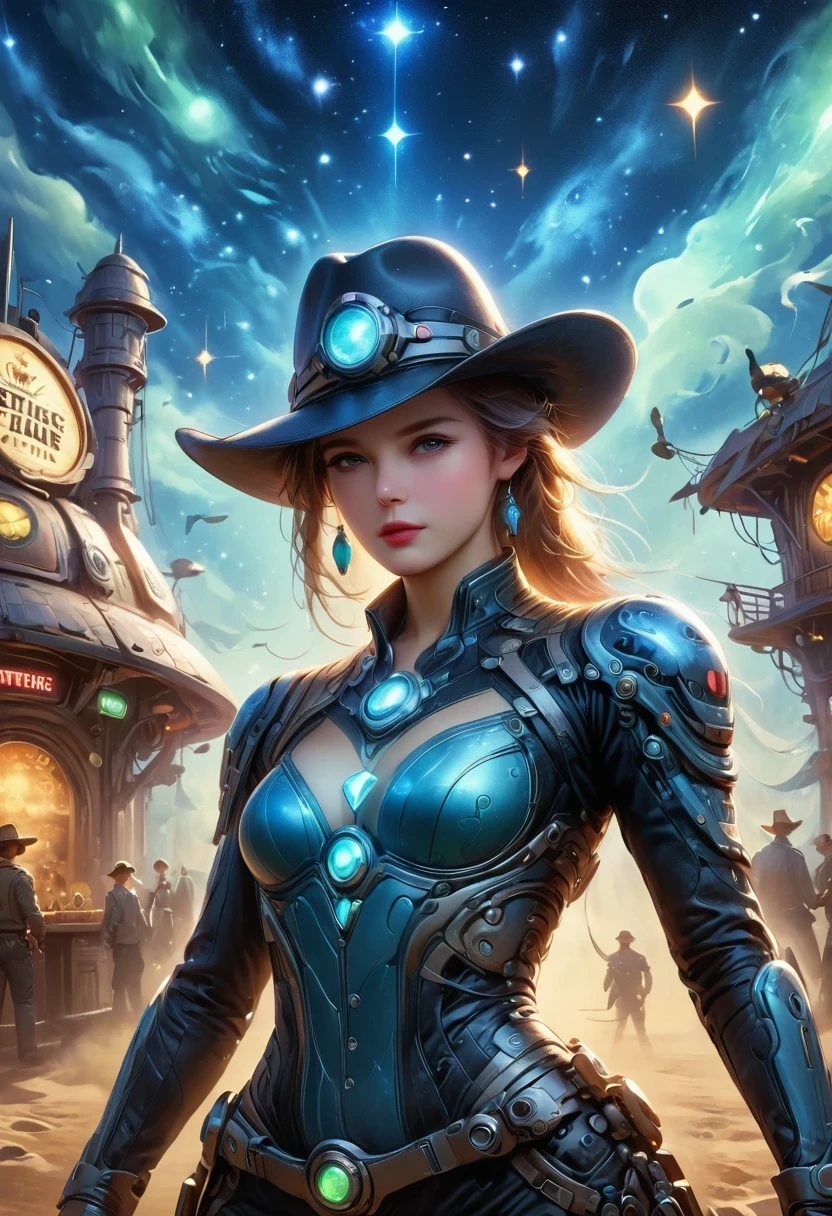 Aliens in cowboy suits in interstellar taverns,Wearing a stylish cowboy hat,Futuristic starry sky background,Alien Technology,Mechanical Cowboy,Mechanical Tavern