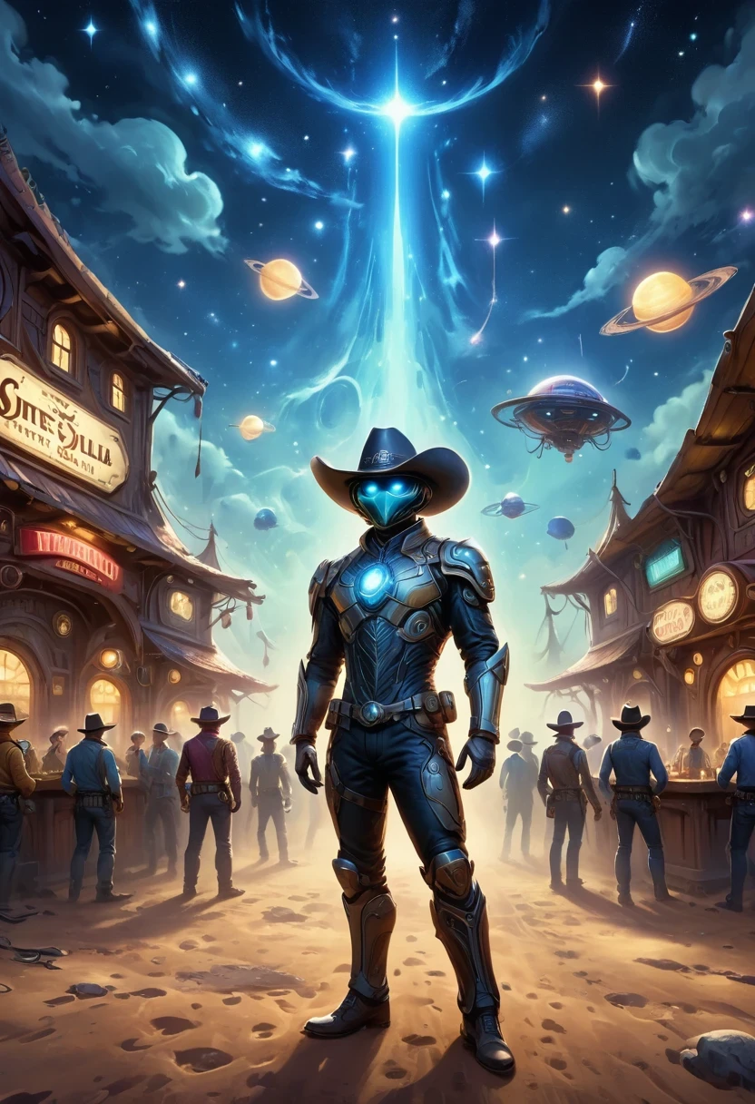 Aliens in cowboy suits in interstellar taverns,Wearing a stylish cowboy hat,Futuristic starry sky background,Alien Technology,Mechanical Cowboy,Mechanical Tavern