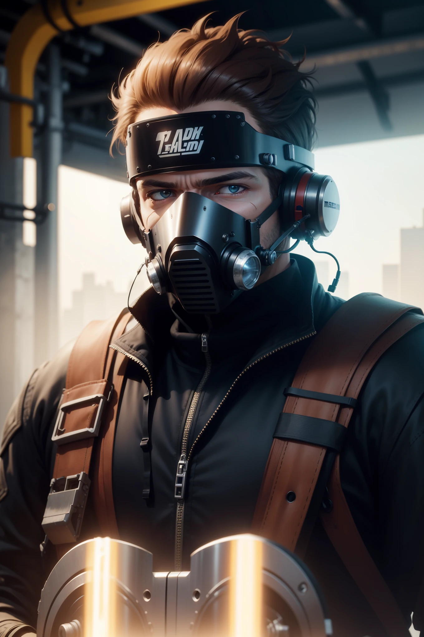A man wearing a welding mask gazes intently into the camera, capturing half of his sturdy, industrial figure. The left side of the image is generously expanses, allowing ample space for the intricately designed, futuristic machinery that forms the background. The scene radiates a clean and modern aesthetic, where innovative technology meets precision and hard work.