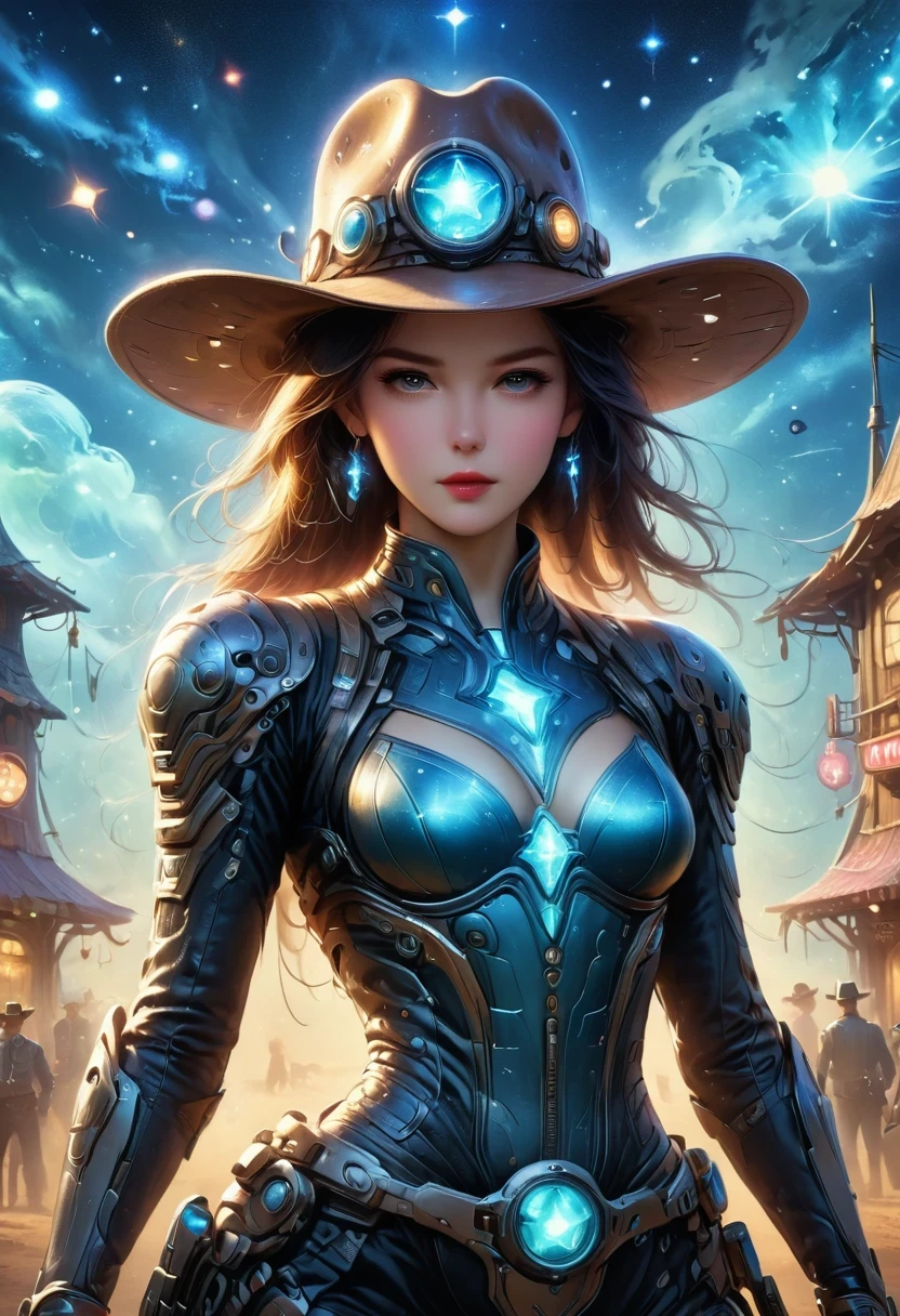 Aliens in cowboy suits in interstellar taverns,Wearing a stylish cowboy hat,Futuristic starry sky background,Alien Technology,Mechanical Cowboy,Mechanical Tavern