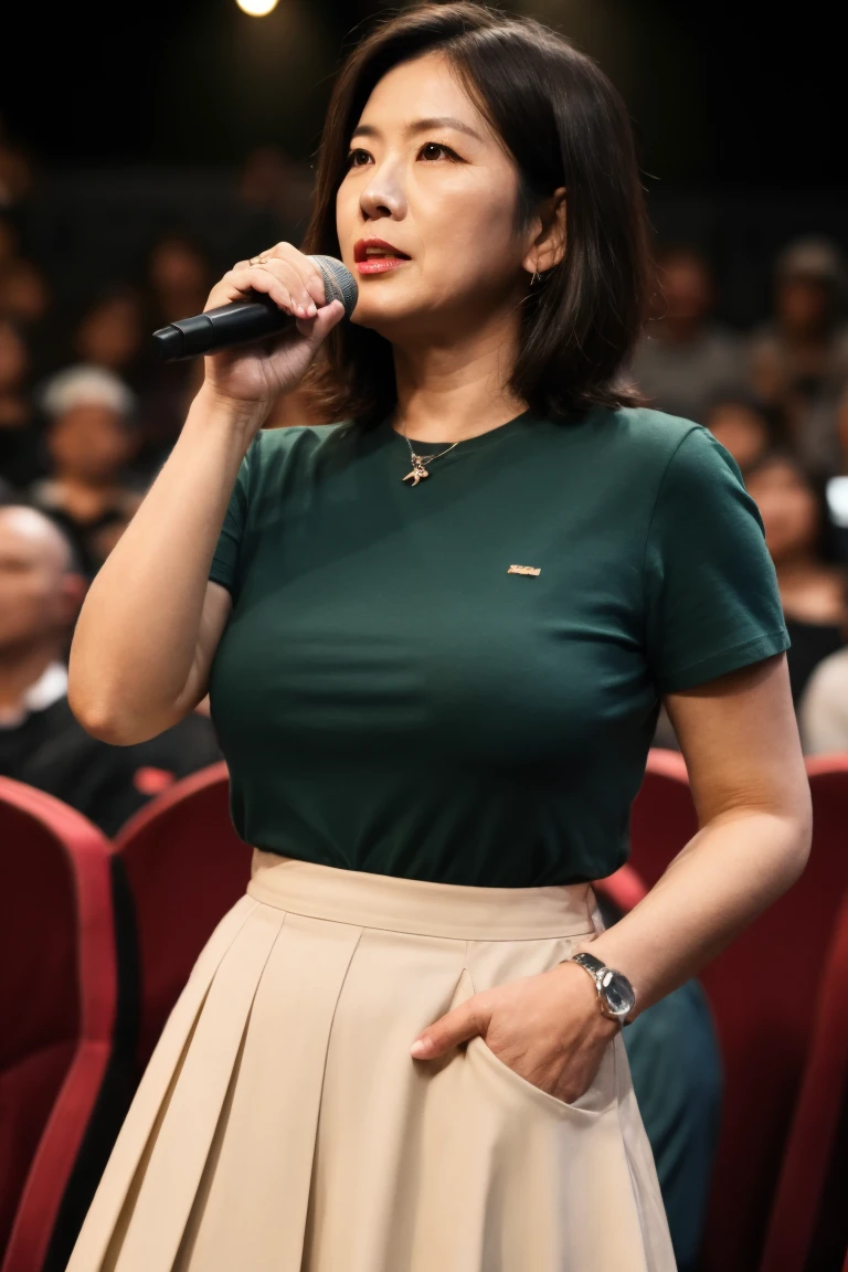 50 year old Taiwanese woman,Height 175 cm,single eyelid,Round Face,Brown short hair,White tight T-shirt,Large sagging breasts,,Pleated Skirt , actual,Cinema-like feeling,Look at the audience,Upper body close-up,Raw, best quality