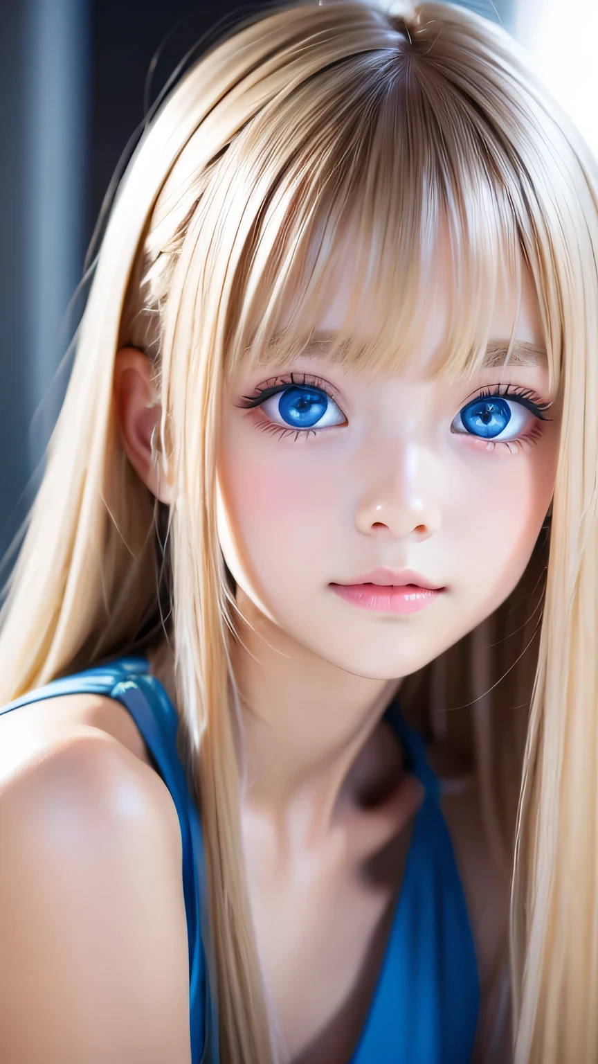 One beautiful girl、Portrait、、blue sky、bright and beautiful face、young, Very white shiny skin、The best beauty、Super long blonde hair with dazzling light reflections、Beautiful natural platinum blonde super long silky straight hair、long bangs between the eyes,、Extraordinarily beautiful 15-year-old、Large, shining, clear, light blue eyes、Very big eyes、Small Face Girl、round face、Cheek gloss highlight