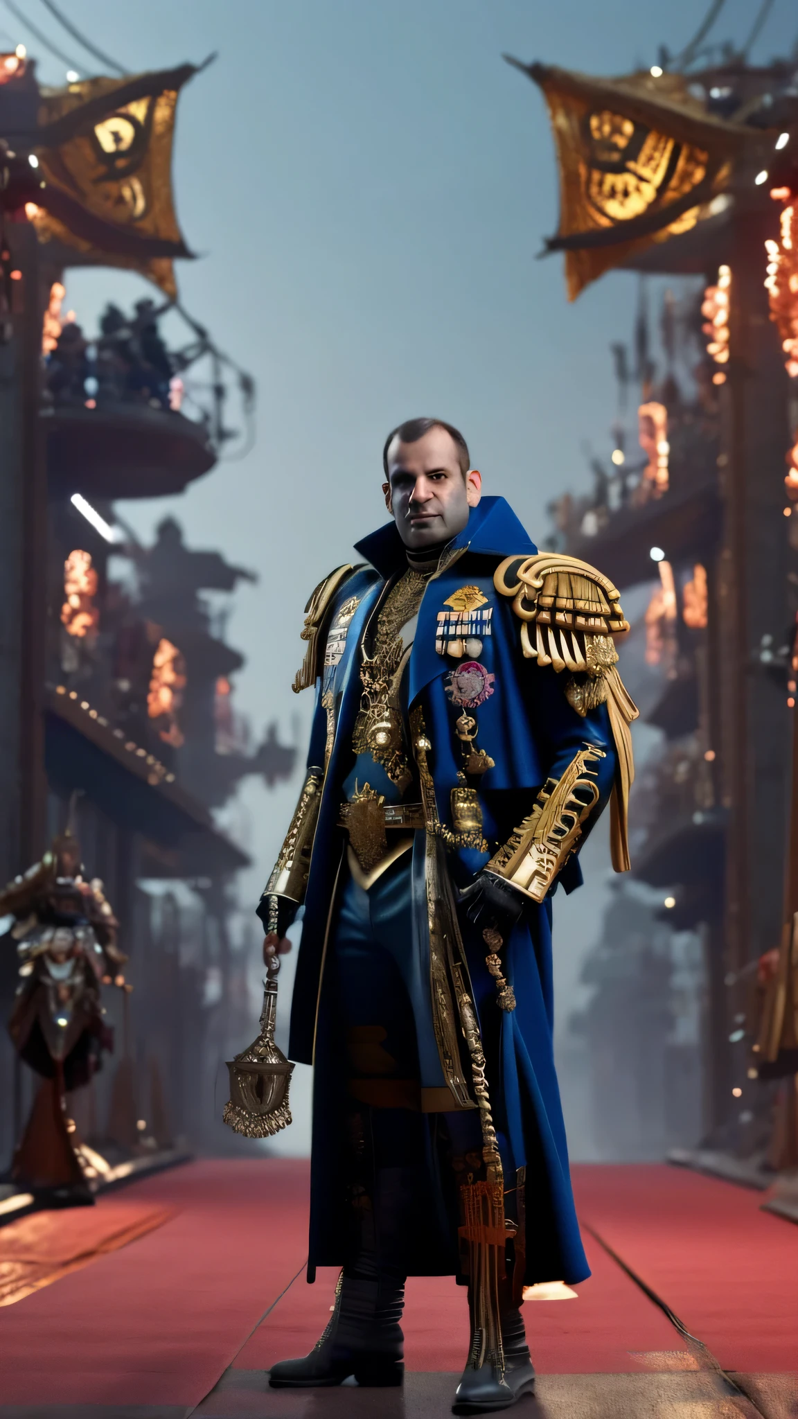 Render Michael de Santa from GTA 5 as a Rogue Trader from Warhammer 40K. Show him as a charismatic figure, clad in extravagant and ornate attire befitting his status, standing on the bridge of his starship or amidst a bustling marketplace on some distant planet, surrounded by wealth and adventure in the vast expanse of the Imperium.